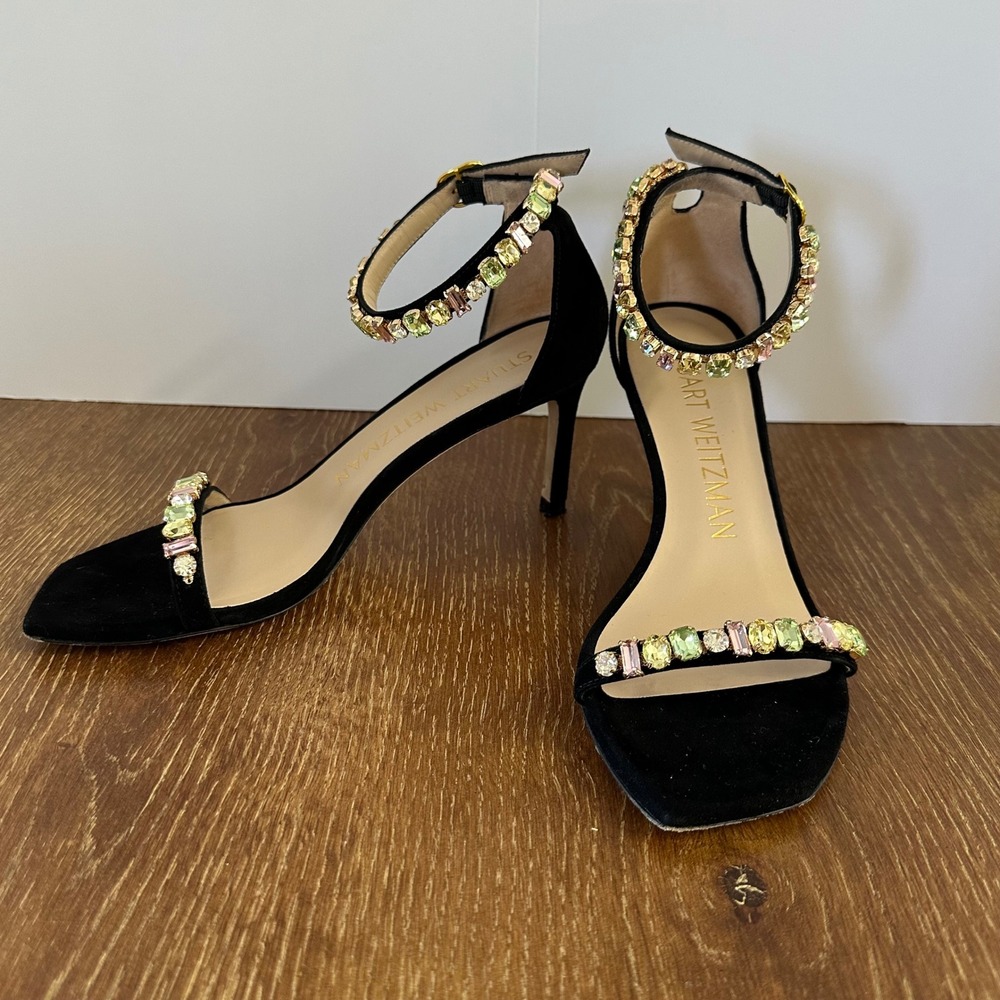 Stuart Weitzman Black Suede Crystal Embellished Ankle Strap Square Toe Stiletto‎
